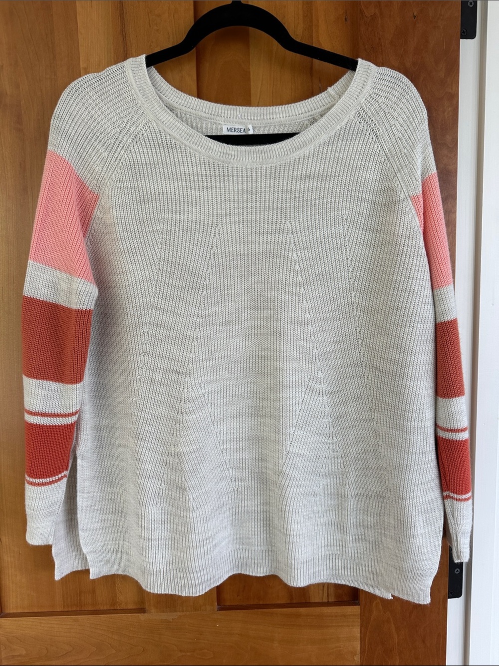 Mersea Women's Cream Knit Sweater with Pink & Rust Stripe Sleeves